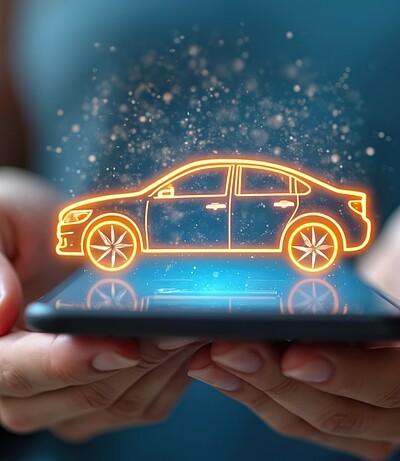 Hands holding smartphone with car icon symbol over screen. Buy or rent automobile online with mobile app. Digital service, transportation technology, online order.